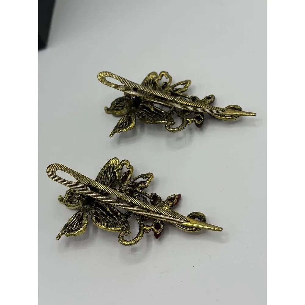 Set Of Two Red Butterfly Victorian Theme Hair Clips With Stones - Faceted Stones